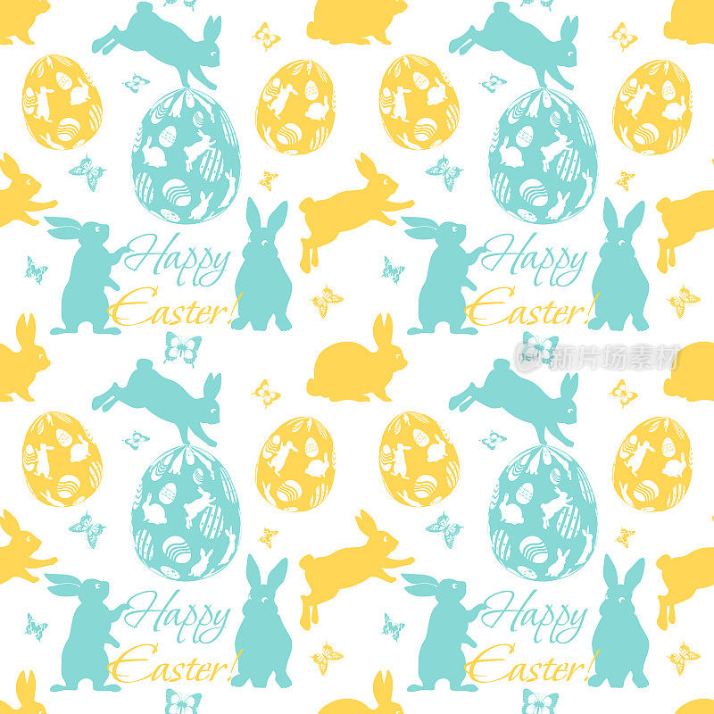 平面风格的复活节庆祝概念。白色背景上有复活节彩蛋和蝴蝶的兔子剪影。创意无缝模式。