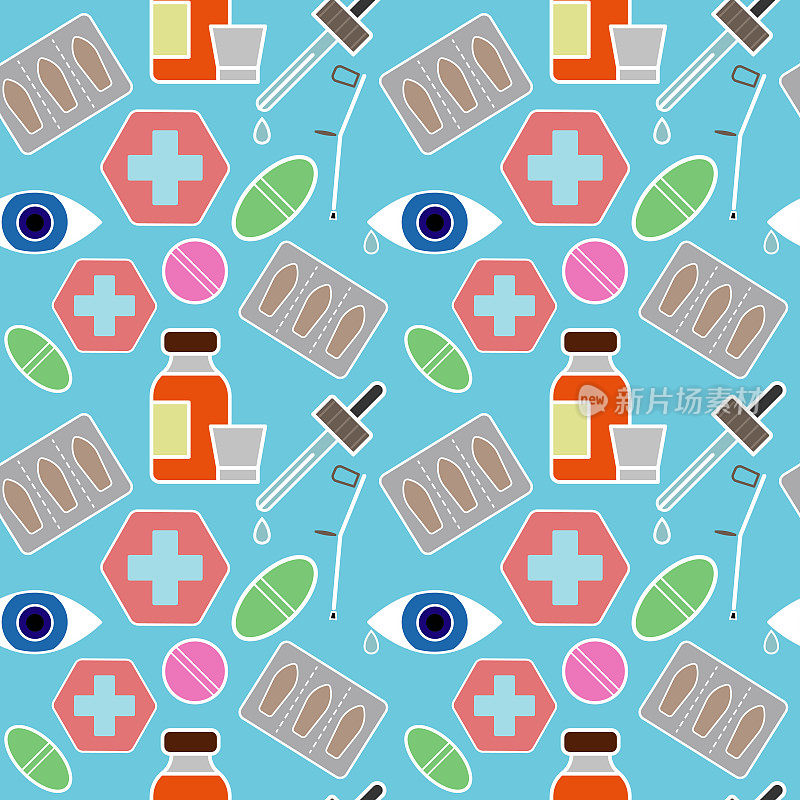 医疗图案的颜色元素蜡烛，瓶糖浆，移液管，药丸，眼睛，拐杖和十字架