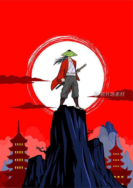 矢量动画武士在岩石与日本寺庙轮廓背景股票插图