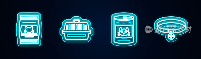 为猫，宠物手提箱，罐头和带名牌的项圈设置食品袋。发光的霓虹灯图标。向量