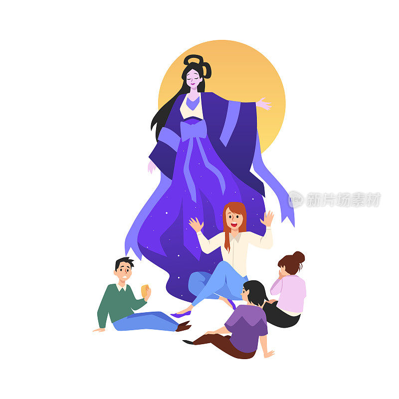 女人告诉孩子的故事，关于中国的月亮女神，平面矢量插图孤立的白色背景。嫦娥传说。中秋节庆祝活动。