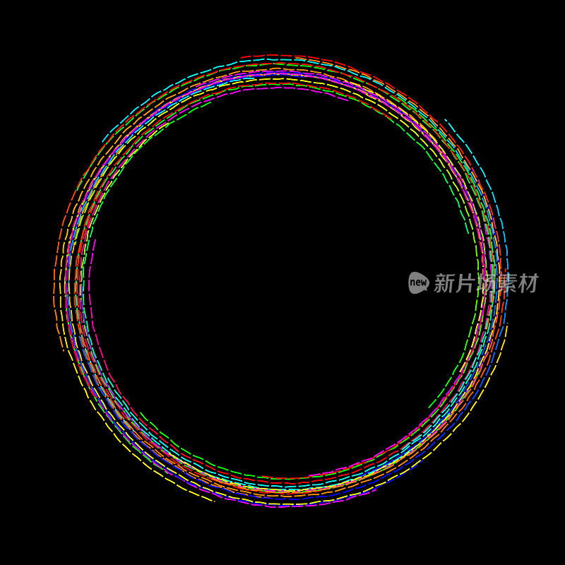 充满活力的彩色圆形线条在黑色背景上形成一个环。