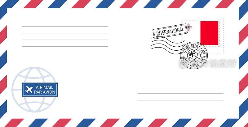 空邮信封，贴上马耳他邮票。明信片矢量插图与马耳他国旗孤立的白色背景。