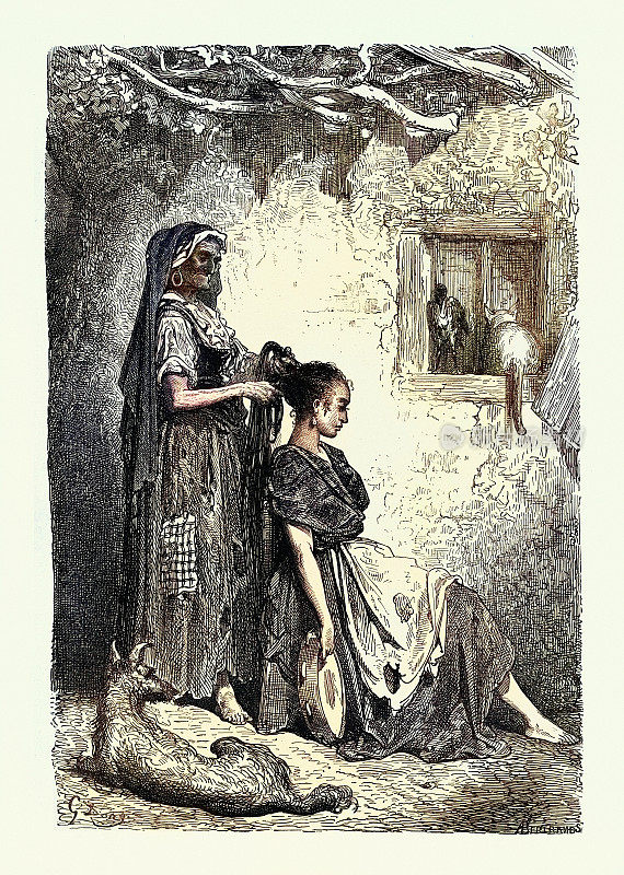 在西班牙安达卢西亚的迪兹马，一名正在梳头发的罗姆妇女，由古斯塔夫・多雷绘制，19世纪