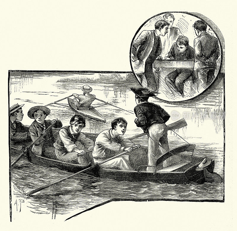 公立学校男孩学习划船，复古插图，维多利亚19世纪，威洛比船长，塔尔博特贝恩斯里德，19世纪80年代男孩自己的纸