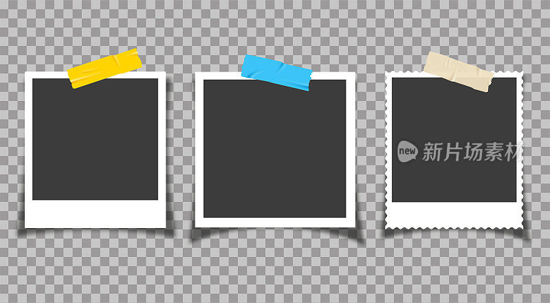 宝丽来相框和迷你胶带。透明背景上的现代设计模板