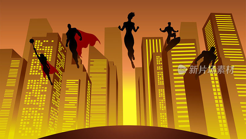 矢量超级英雄团队剪影飞行漂浮在城市建筑股票插图