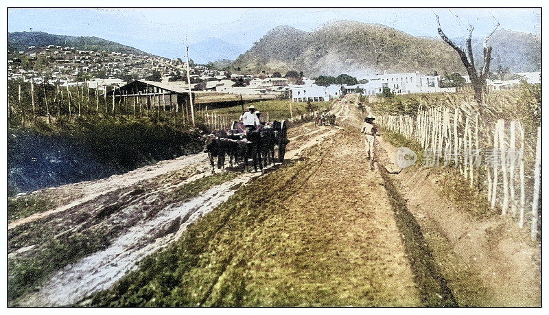 古色古香的黑白照片:通往波多黎各Yauco的道路