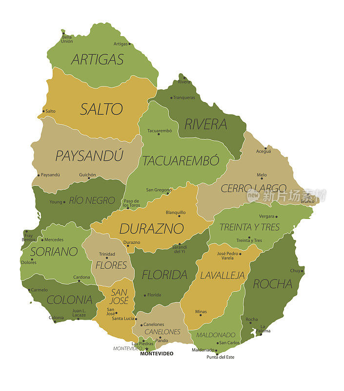 乌拉圭的地图。乌拉圭矢量彩色地图