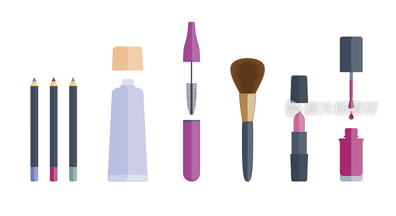 化妆品配件:唇笔、口红、眼影、睫毛刷、指甲油。