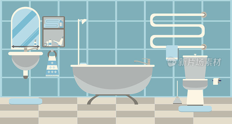 现代浴室内饰有家具。平面向量插图。