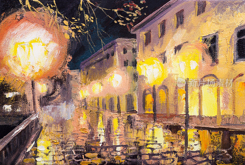 巴黎之夜，街灯，七彩油画