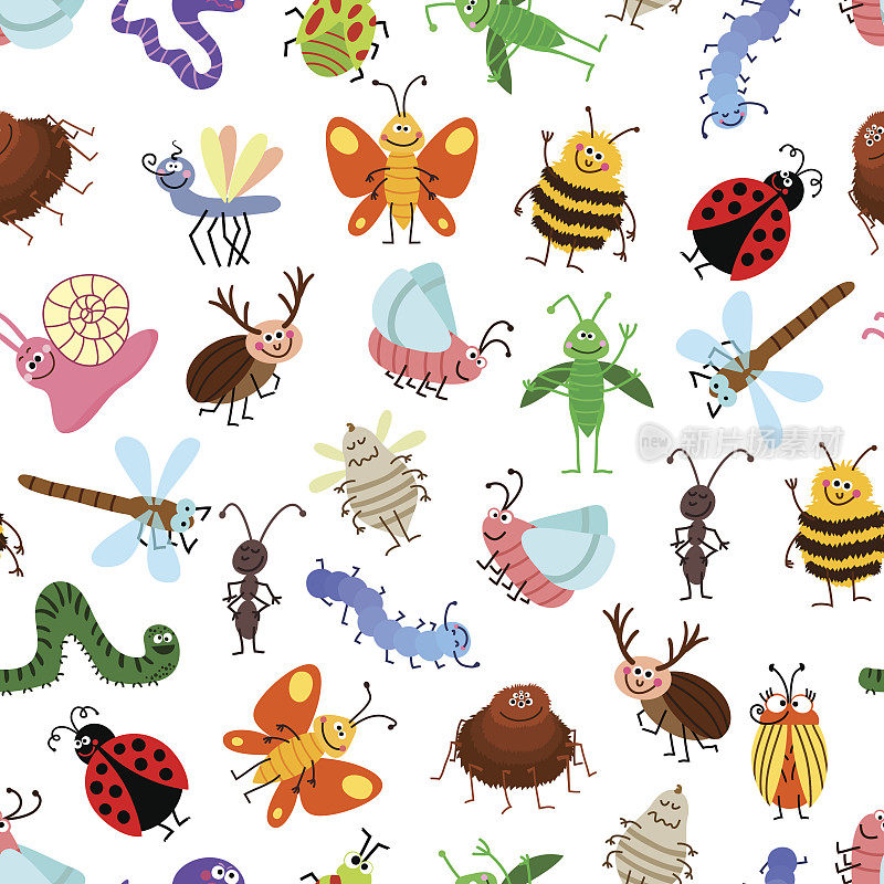 苍蝇和爬行可爱的卡通昆虫载体图案