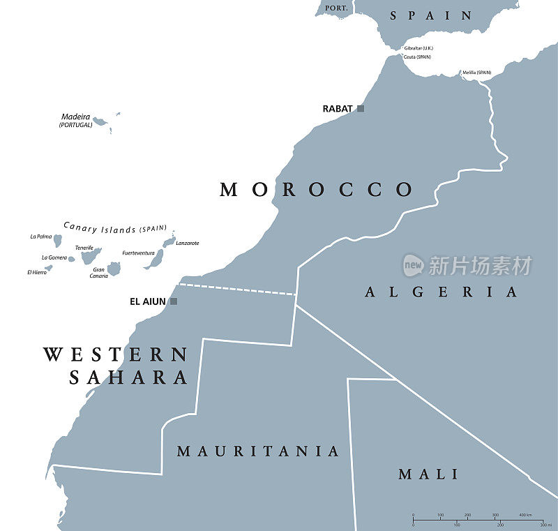 摩洛哥和西撒哈拉的政治地图