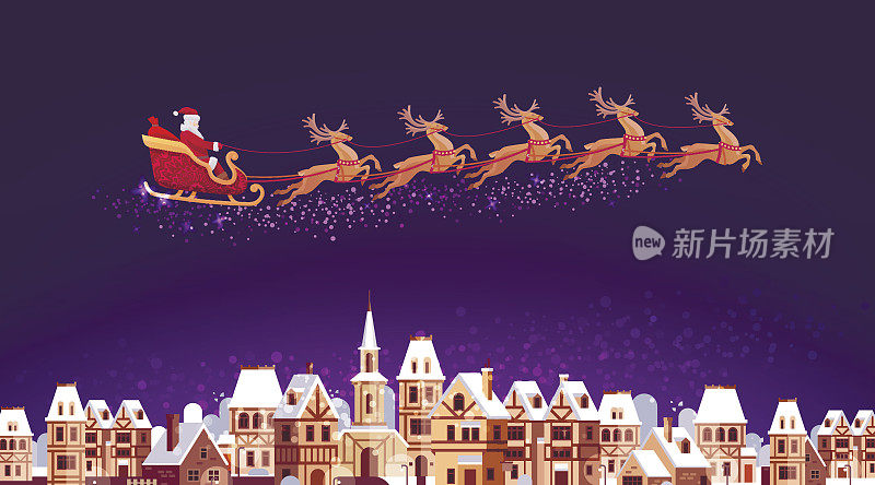 圣诞老人坐着驯鹿拉的雪橇飞过城市