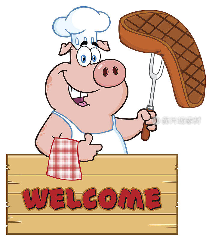 卡通吉祥物猪大厨拿着烧烤叉上的熟牛排，竖着大拇指