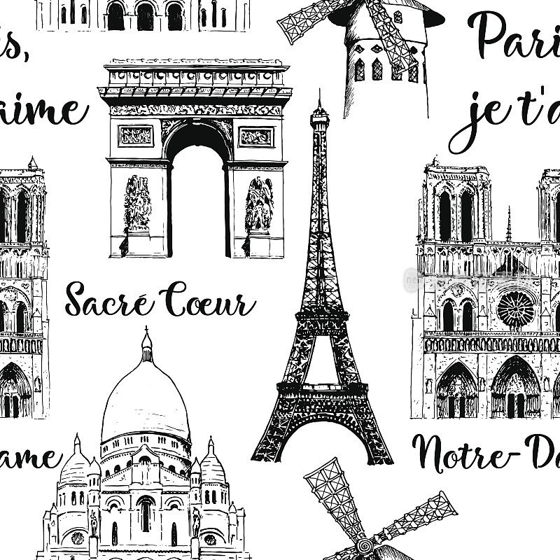 巴黎观光无缝模式集。埃菲尔铁塔，凯旋门，法国大教堂。矢量手绘草图