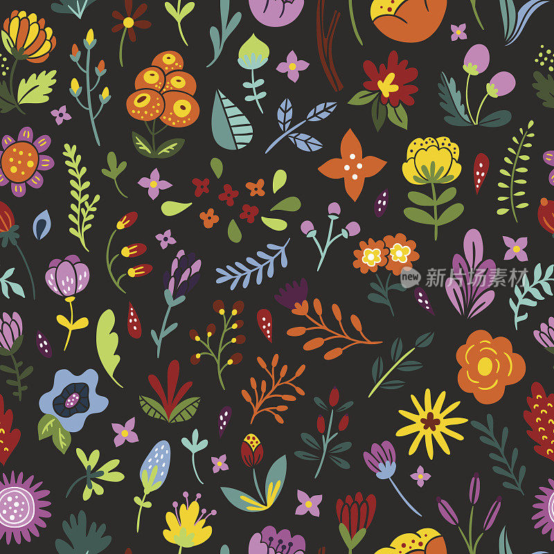 无缝花卉复古图案。背景有花，植物，叶子和香草。黑暗的花卉图案