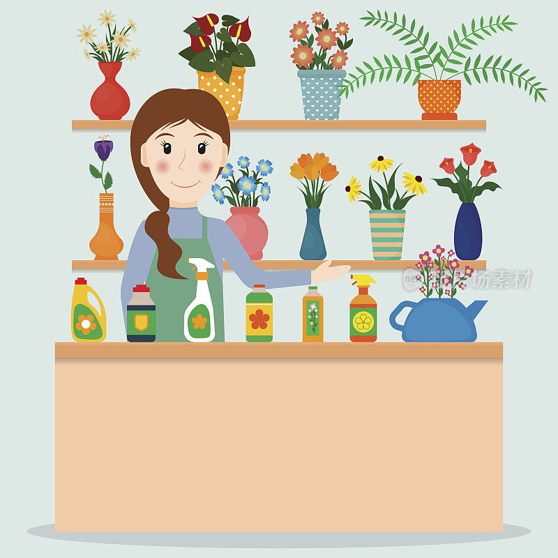 花店花店或女售货员与室内植物和盆花。EPS10矢量插图在平面风格。