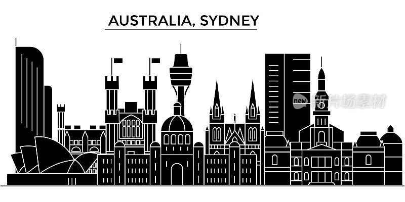 澳大利亚，悉尼建筑向量城市天际线，旅游城市景观与地标，建筑，孤立的景观背景