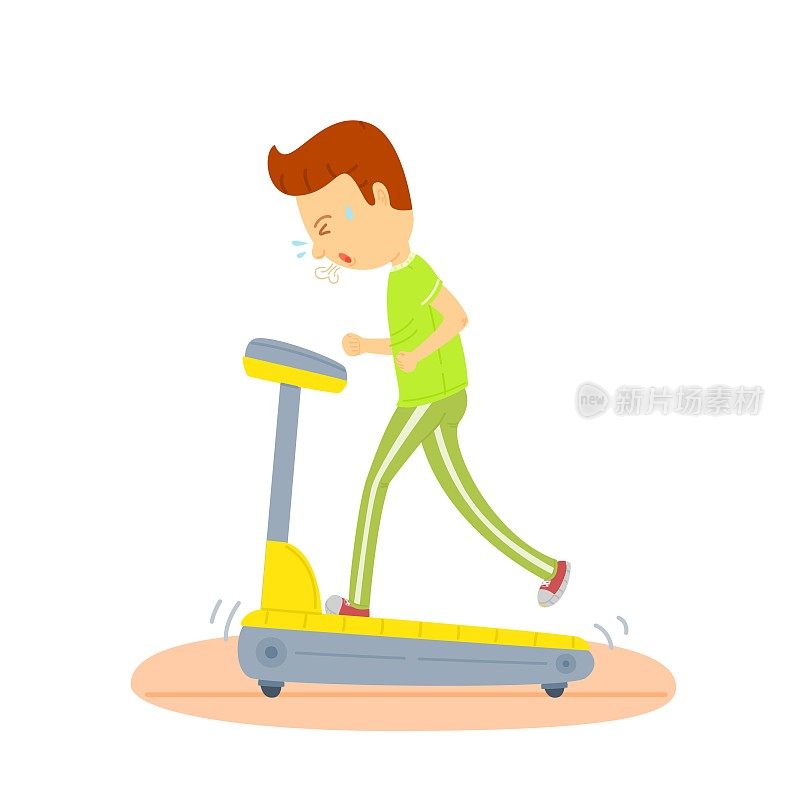 年轻人在跑步机上跑步，运动的人在跑步机上跑步，慢跑机，彩色插图，男人定期锻炼，晨练，日常的男人，白色的背景