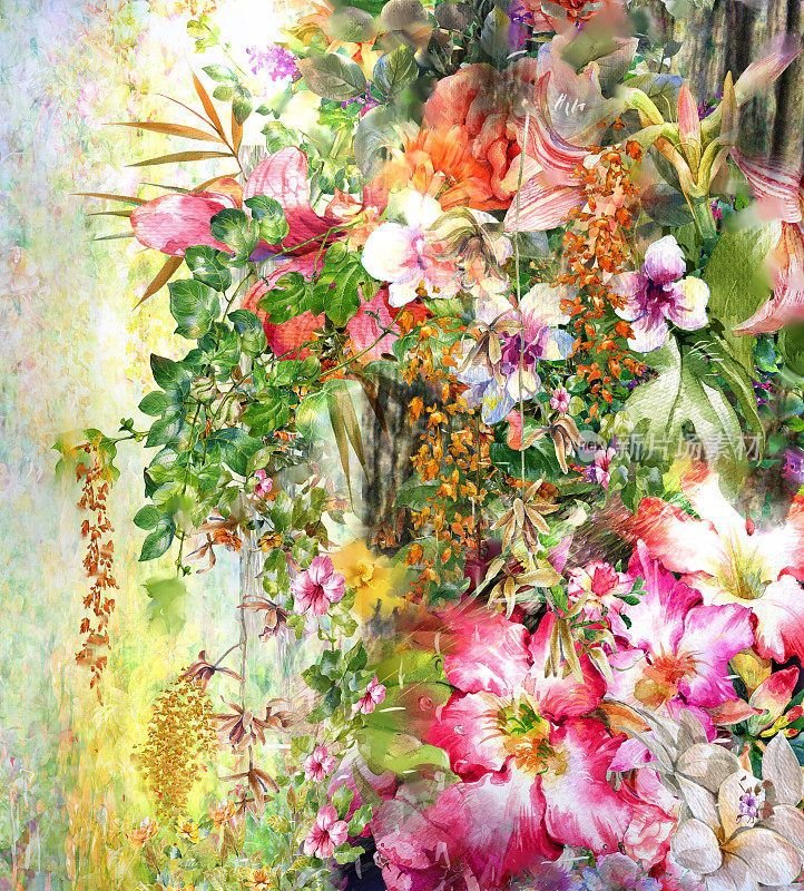 抽象彩色花卉水彩画。春天在“大自然”中五彩缤纷