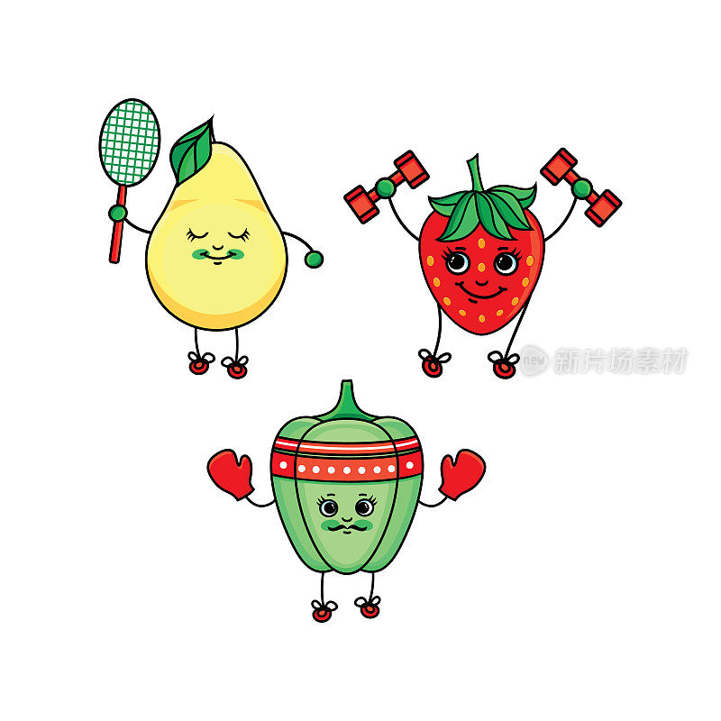 矢量平面素描水果，蔬菜做运动