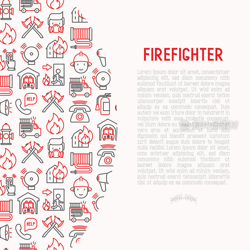 消防概念与细线图标:火，灭火器，斧头，软管，消防栓。现代矢量插图横幅，网页，印刷媒体。