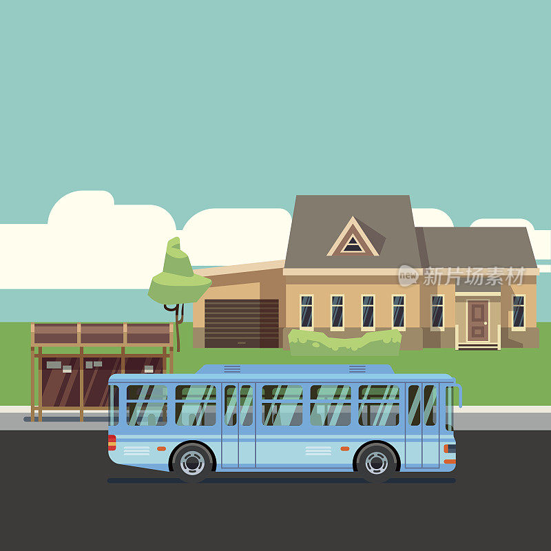 有公交站和蓝色公交的住宅。平面向量illustraion