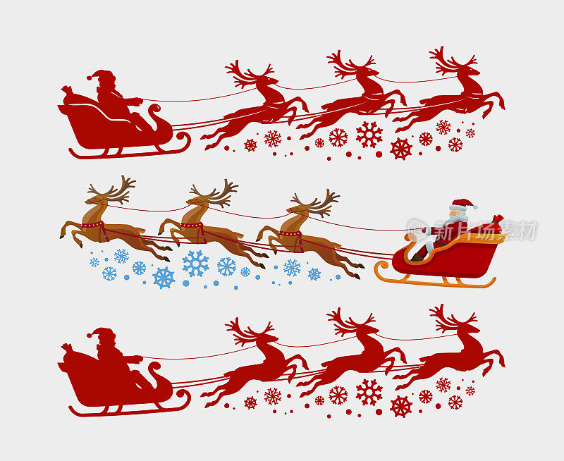 圣诞老人坐着驯鹿拉的雪橇。圣诞节,圣诞节的概念。轮廓矢量图
