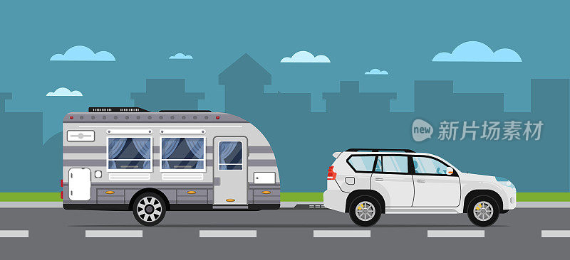 公路旅游海报与越野车和拖车