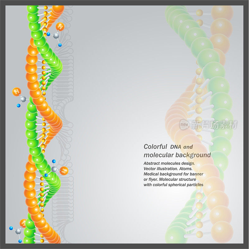 抽象分子DNA设计。矢量插图。原子。旗帜或传单的医学背景。带有彩色球形粒子的分子DNA