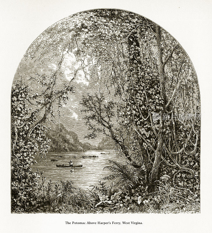 美国弗吉尼亚州马里兰州西弗吉尼亚州哈珀渡口上的波托马克河，美国维多利亚版画，1872年
