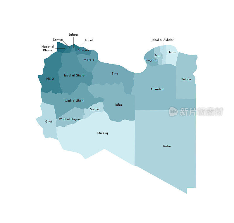 简化的利比亚行政地图矢量孤立插图。地区(地区)的边界和名称。五颜六色的蓝色卡其色轮廓