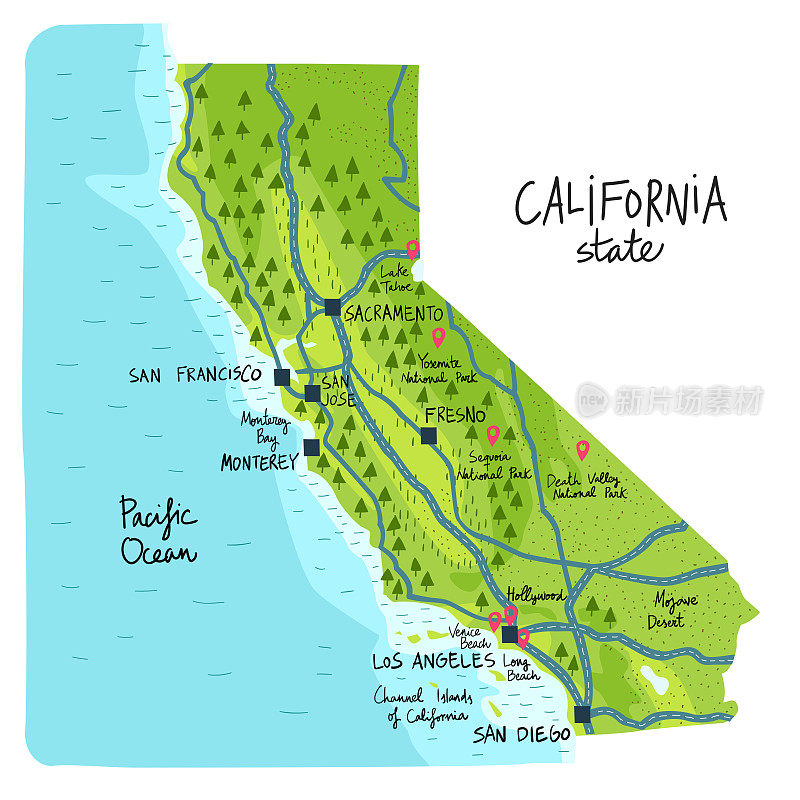 美国加利福尼亚州地图，带有地标。