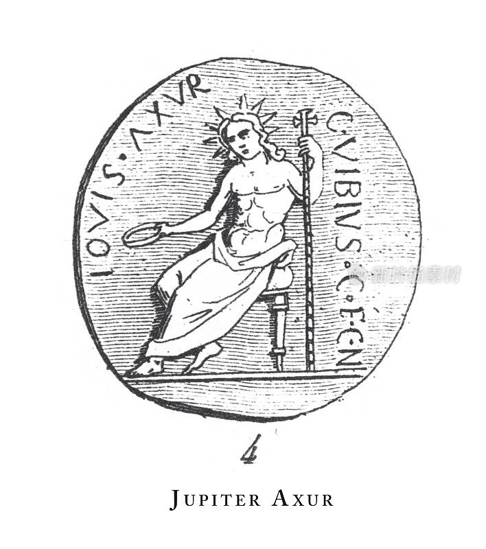 朱庇特・阿克苏尔，希腊和罗马神话雕刻古董插图中的传奇场景和人物，出版于1851年