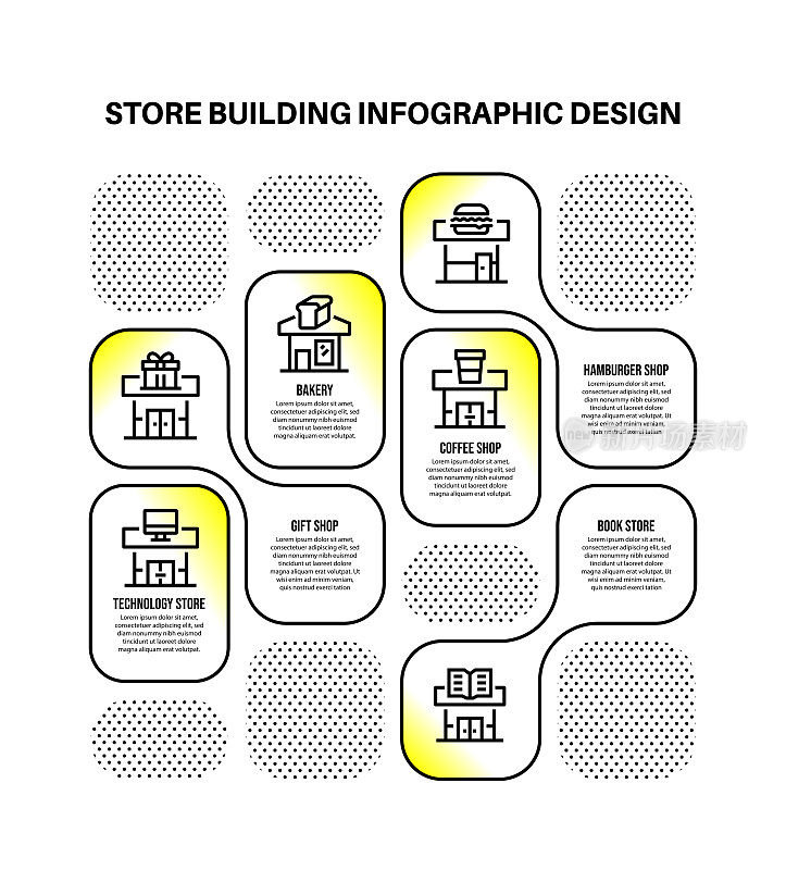 信息图设计模板与商店建筑的关键字和图标