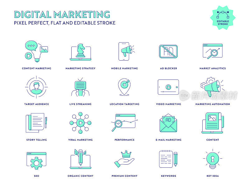 数字营销平面图标设置可编辑的描边和像素完美。