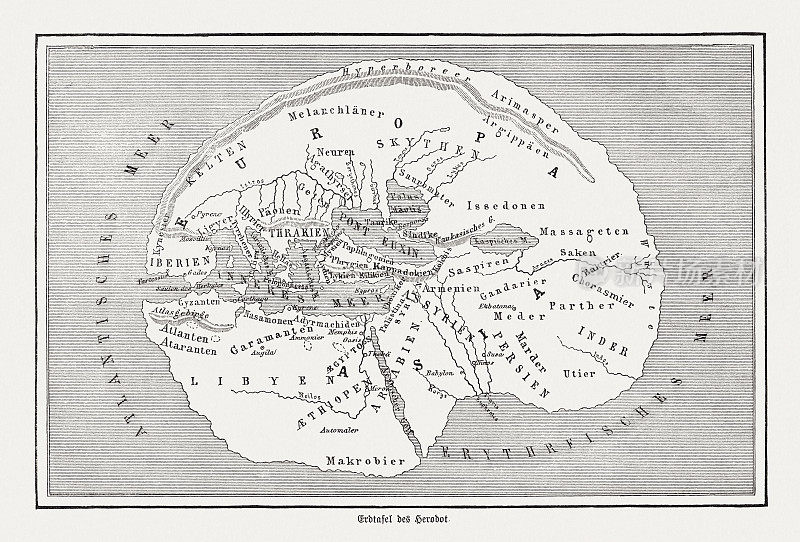 世界地图根据希罗多德(约484-c。(公元前425年)，木刻，出版于1888年