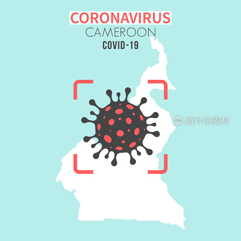 喀麦隆地图，红色取景器中有冠状病毒细胞(COVID-19)