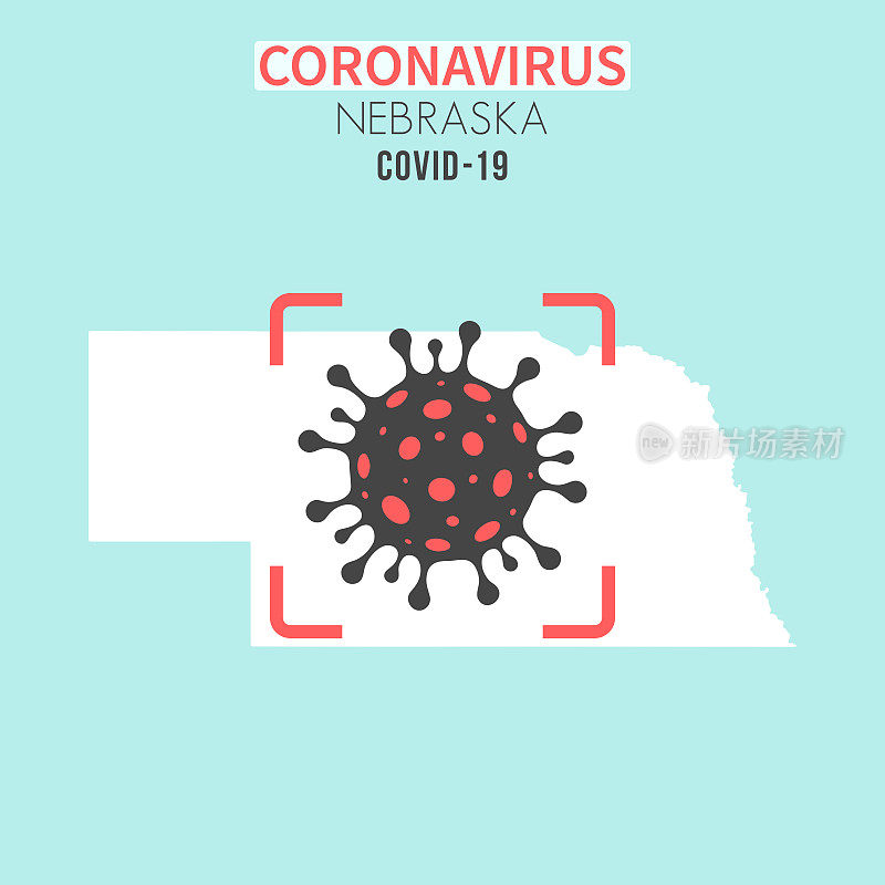 内布拉斯加州地图，红色取景器中有冠状病毒细胞(COVID-19)