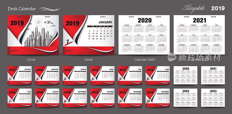 设置桌面日历2019模板设计矢量，日历2020年，2021年，2022年，2023年，封面设计，12个月，周开始周日，文具设计，传单布局，印刷媒体，蓝色背景
