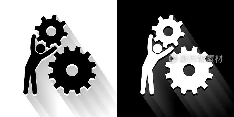 棍图持有齿轮黑色和白色图标与长影子