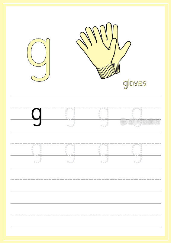 矢量插图手套孤立在白色背景上。用小写字母g作为教学媒体，供儿童识别英文字母或供儿童学习书写字母用于在家里和学校学习。