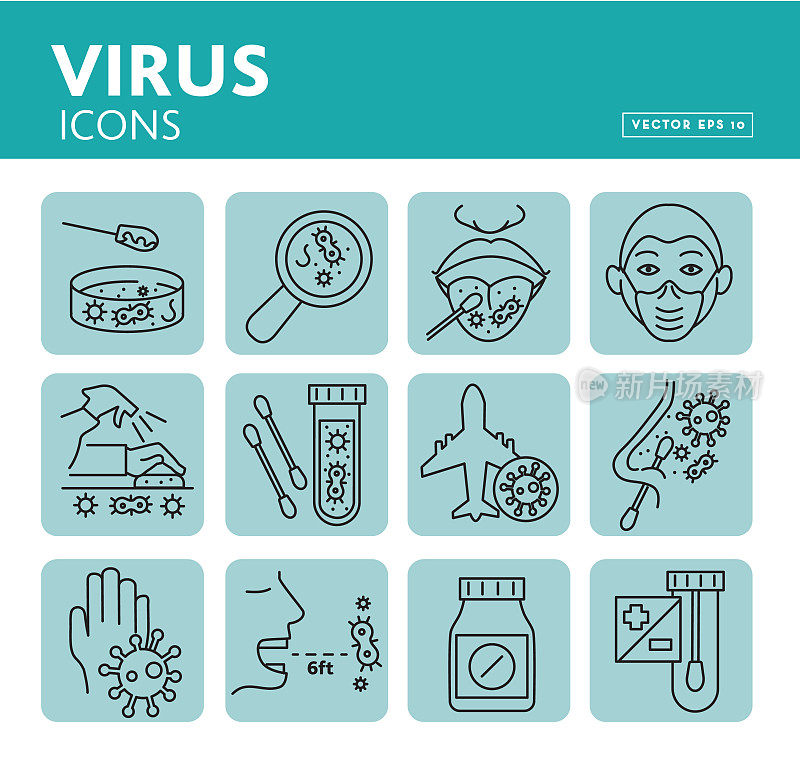 医学感冒和流感病毒线艺术图标集