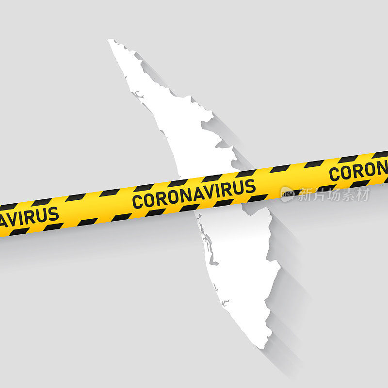 喀拉拉邦地图与冠状病毒警告胶带。Covid-19爆发