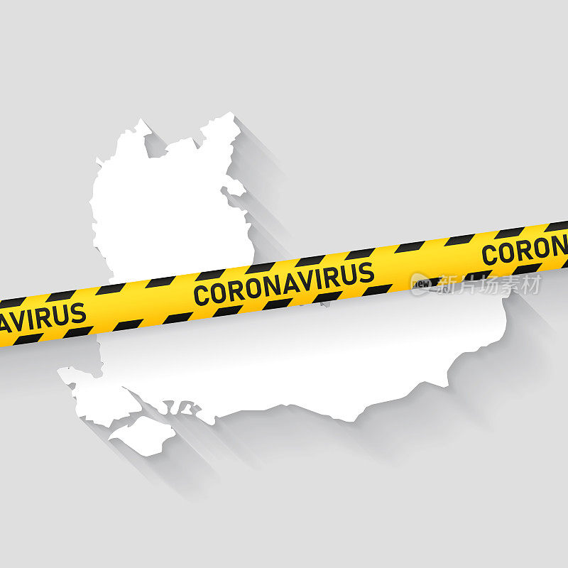 带有冠状病毒警告胶带的东南地图。Covid-19爆发