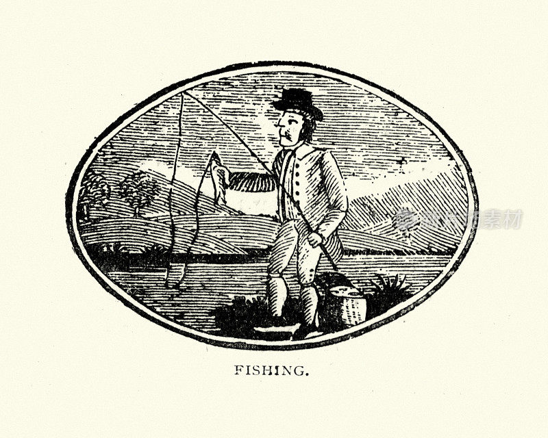 木刻版画的人捕鱼，18世纪
