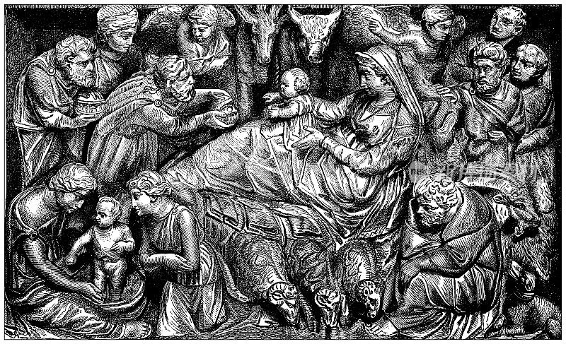古董插图:耶稣诞生浮雕，皮斯托亚