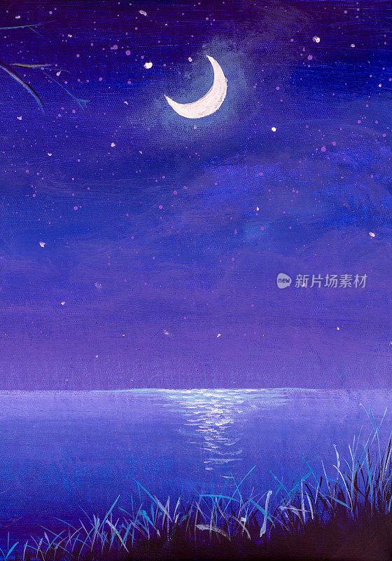 夜景油画丙烯水彩。紫色星空和蓝色海洋水海洋插图背景上的画布。
